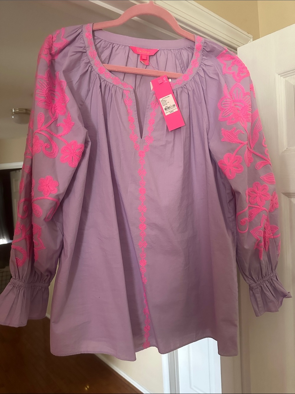 Lilly Pulitzer Lavender blouse with Bright Pink Floral Embroidery